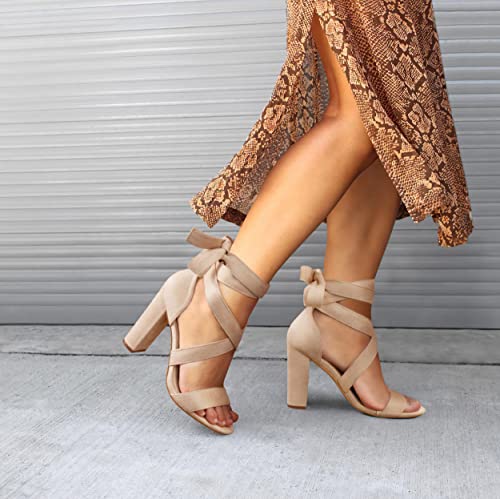 Carcuume Strappy Heels for Women Chunky Heels High Heeled Sandals with Lace Up Fahsion Casual Nude Block Heel Sandals,Ellery-KHAKI-8 - Image 3