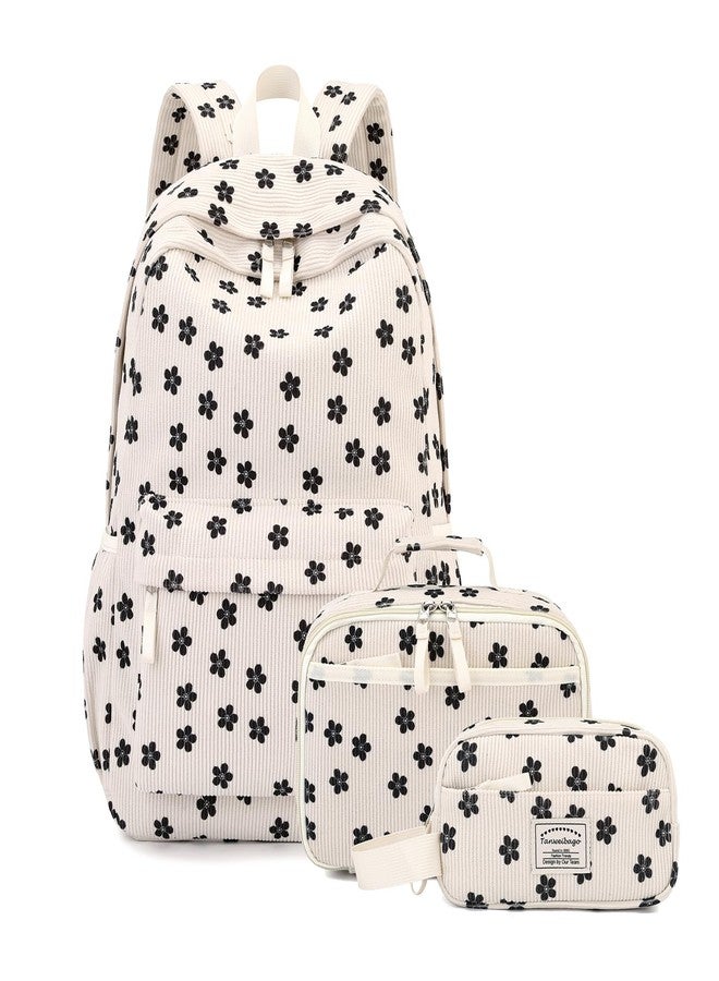 Tanweibago Backpack for Girls Boy Teen Corduroy Bookbags Elementary Middle High School with Lunch Box Pencil Bag, Flower Black, One Size, Backpack - Image 1