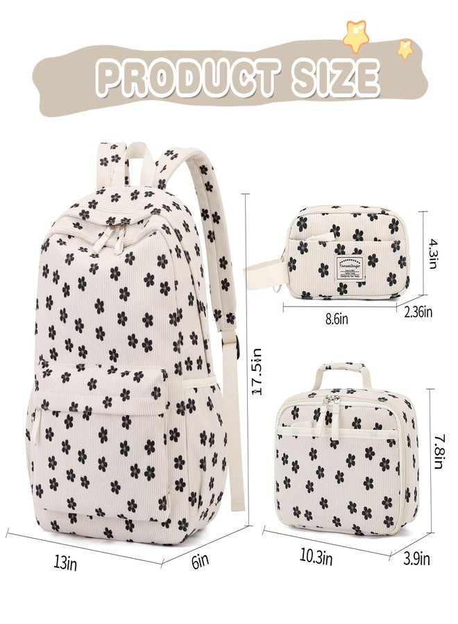 Tanweibago Backpack for Girls Boy Teen Corduroy Bookbags Elementary Middle High School with Lunch Box Pencil Bag, Flower Black, One Size, Backpack - Image 2
