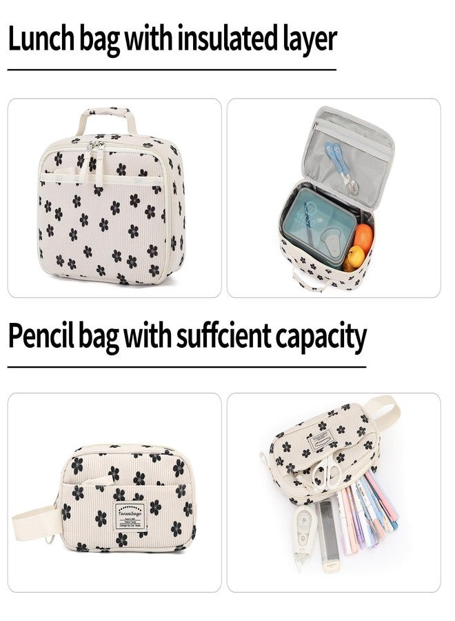 Tanweibago Backpack for Girls Boy Teen Corduroy Bookbags Elementary Middle High School with Lunch Box Pencil Bag, Flower Black, One Size, Backpack - Image 5
