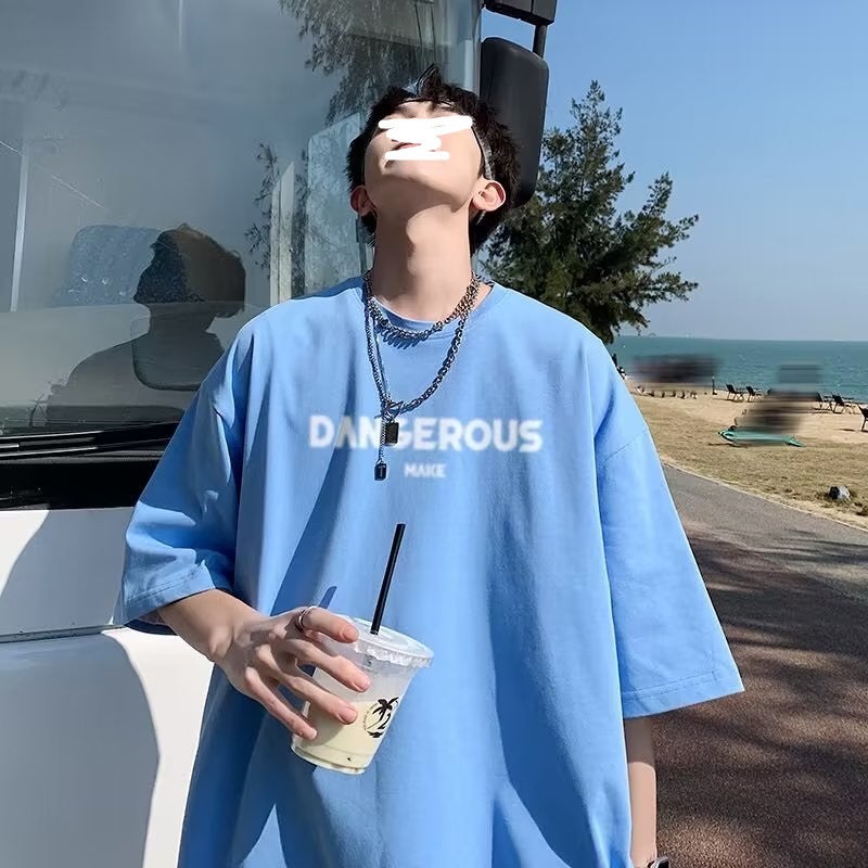 Summer Hong Kong Style Ins Japanese Style Simple Large Size Men'S Short-Sleeved T-Shirt Extra Large Size Fat Loose T-Shirt - Image 2