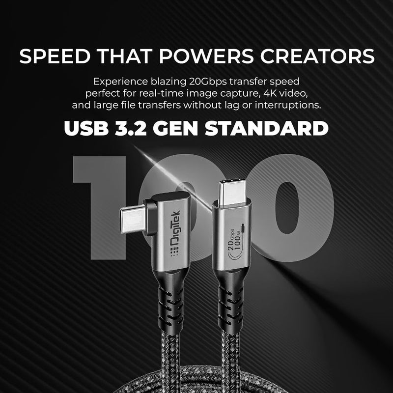 Digitek ® كابل توصيل نوع C إلى C بزاوية 90 درجة، 5 متر، مضفر من النايلون، شحن سريع 100 واط، نقل بيانات 20 جيجابت في الثانية، ثنائي الاتجاه، لتطبيقات التصوير والفيديو - Image 4