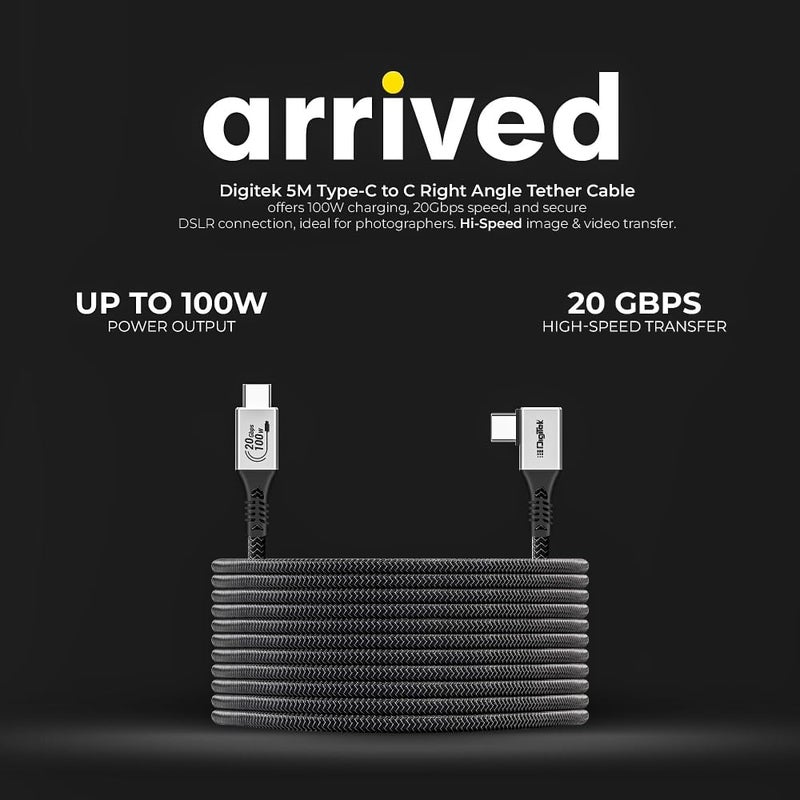 Digitek ® كابل توصيل نوع C إلى C بزاوية 90 درجة، 5 متر، مضفر من النايلون، شحن سريع 100 واط، نقل بيانات 20 جيجابت في الثانية، ثنائي الاتجاه، لتطبيقات التصوير والفيديو - Image 2