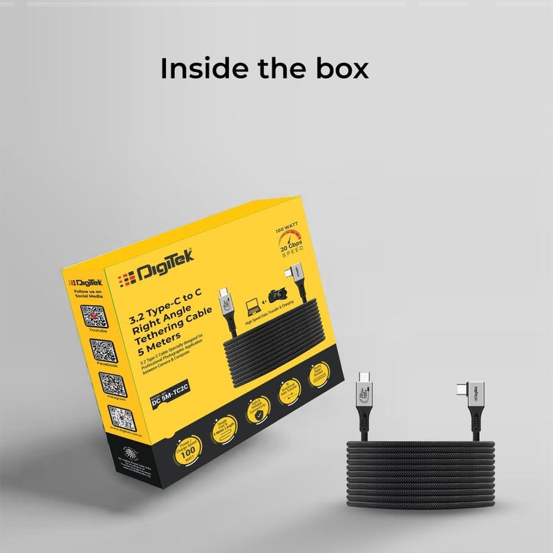 Digitek ® كابل توصيل نوع C إلى C بزاوية 90 درجة، 5 متر، مضفر من النايلون، شحن سريع 100 واط، نقل بيانات 20 جيجابت في الثانية، ثنائي الاتجاه، لتطبيقات التصوير والفيديو - Image 3