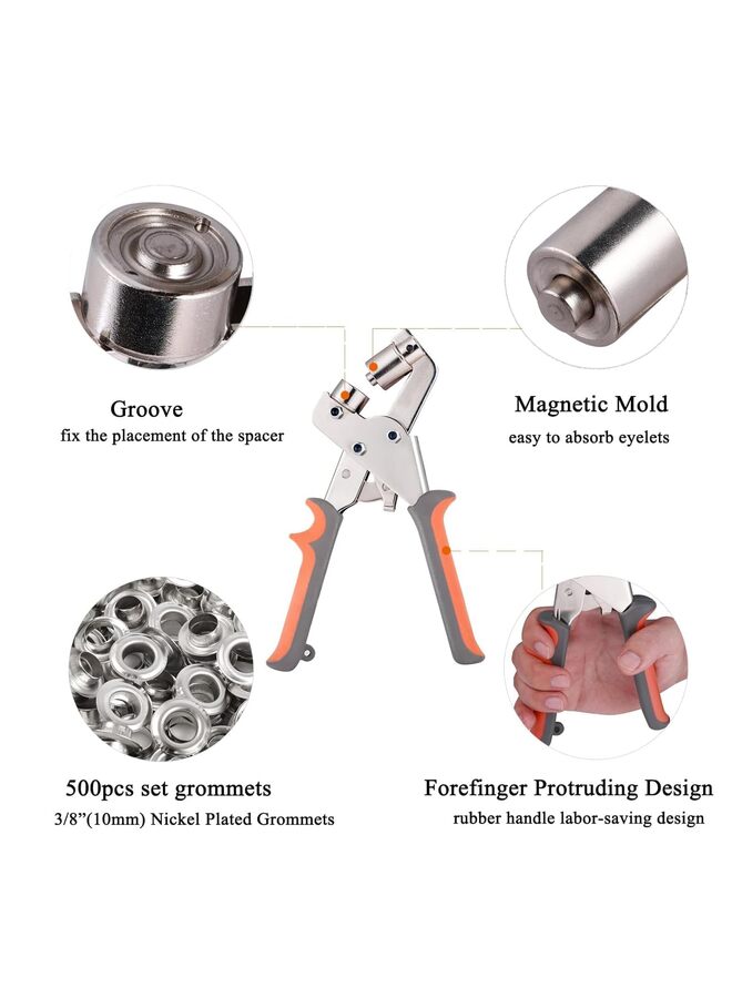 مجموعة أدوات الحلقات المعدنية، طقم فتحات 10 مم، كماشة ضغط، أداة ثقب يدوية، آلة يدوية لحزام الملابس الجلدية مع 500 قطعة حلقات معدنية مقاس 10 مم - Image 4