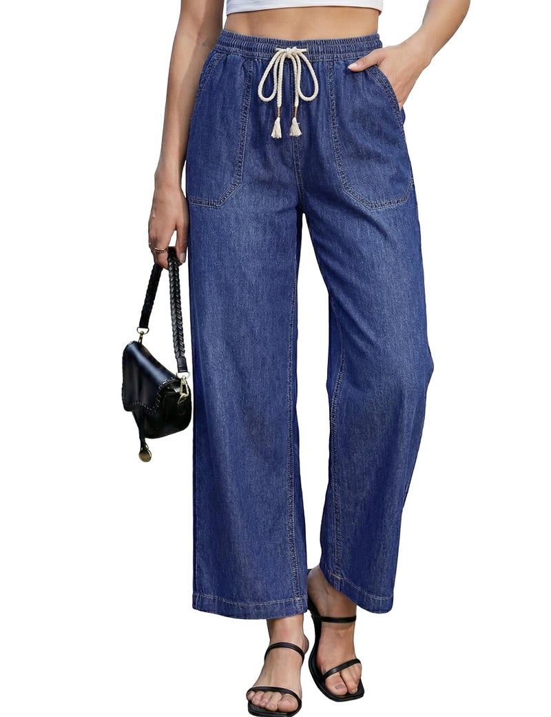 luvamia Wide Leg Cropped Jeans for Women Womens Wide Leg Drawstring Waist Jeans Womens Ankle Pants Dark Blue Large Fits Size 12-14 - Image 1
