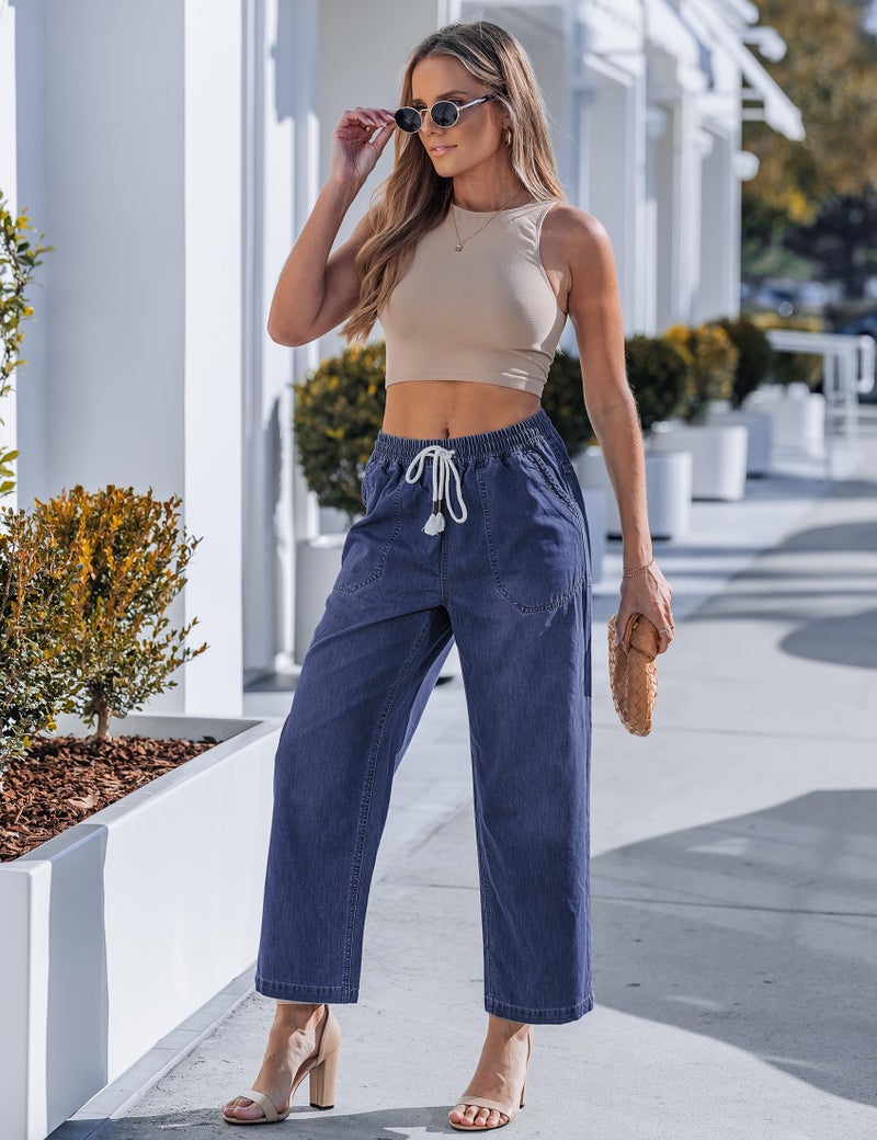 luvamia Wide Leg Cropped Jeans for Women Womens Wide Leg Drawstring Waist Jeans Womens Ankle Pants Dark Blue Large Fits Size 12-14 - Image 4