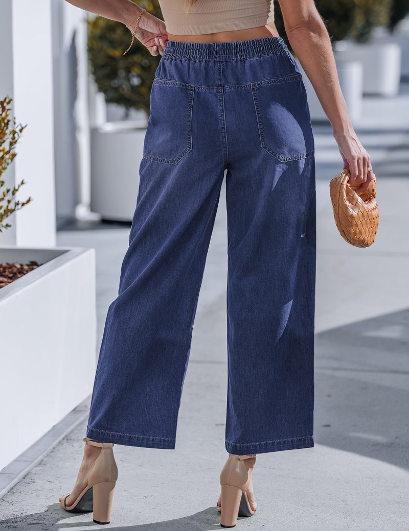 luvamia Wide Leg Cropped Jeans for Women Womens Wide Leg Drawstring Waist Jeans Womens Ankle Pants Dark Blue Large Fits Size 12-14 - Image 2