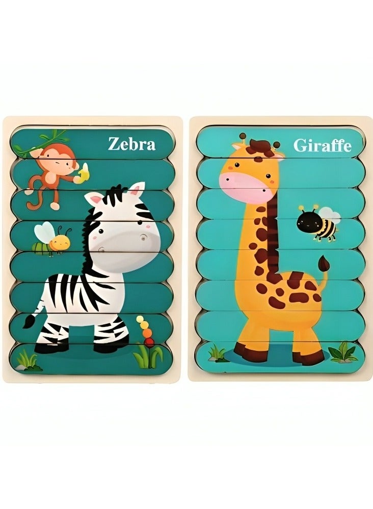 Wooden 3D Jigsaw Puzzles Double Style for Toddlers, Teacher Parents Early Learning Support Tools, Montessori Motor and Sensory Skills Develop Toys, Ideal Kids Gift (Zebra & Giraffe Style) - Image 1