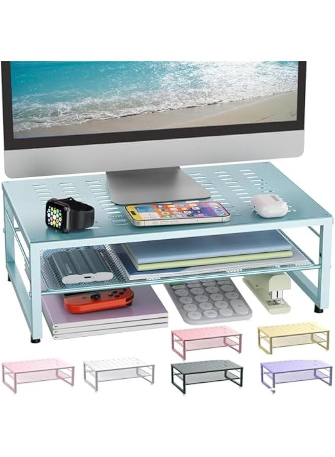 Arabest 2-Tier Metal Monitor Stand Riser, Desk Organizer for Monitor, Office Desk Storage Organizer for Office Supplies (Blue)  - Image 1