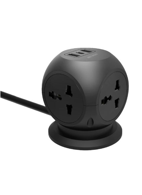 Multi Port Desk Universal Socket, 2500W, Type-C & USB-A Output, 10A, 2m Cable Length, Brass Conductor - Black