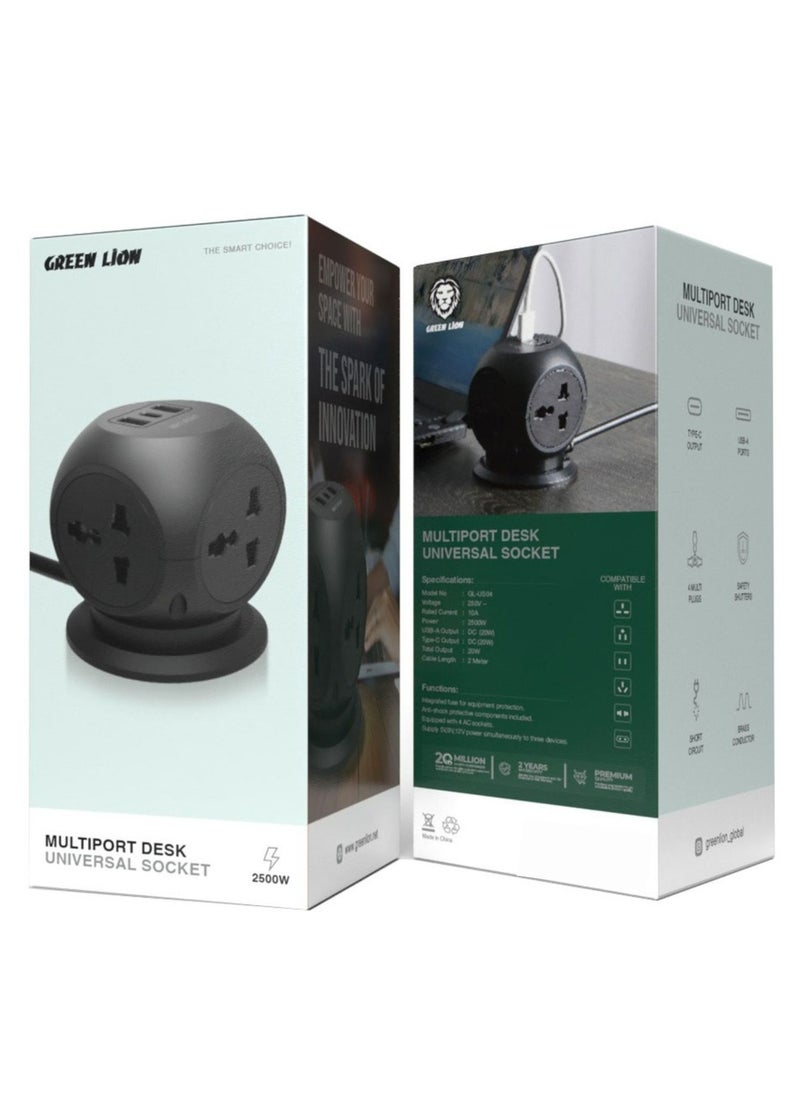 Multi Port Desk Universal Socket, 2500W, Type-C & USB-A Output, 10A, 2m Cable Length, Brass Conductor - Black