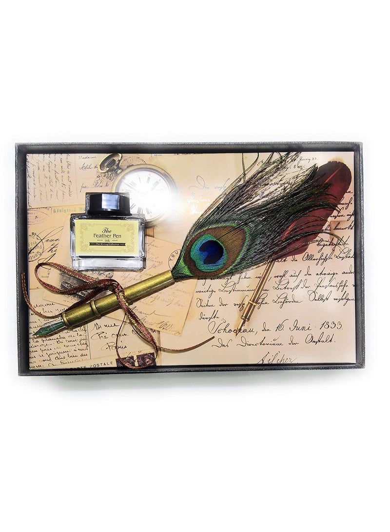 deziine deziine®Peacock Feather Quill Dip Pen Writing Ink Set Stationery with Box Gift/Ink Bottle (BRASS)  - Image 1