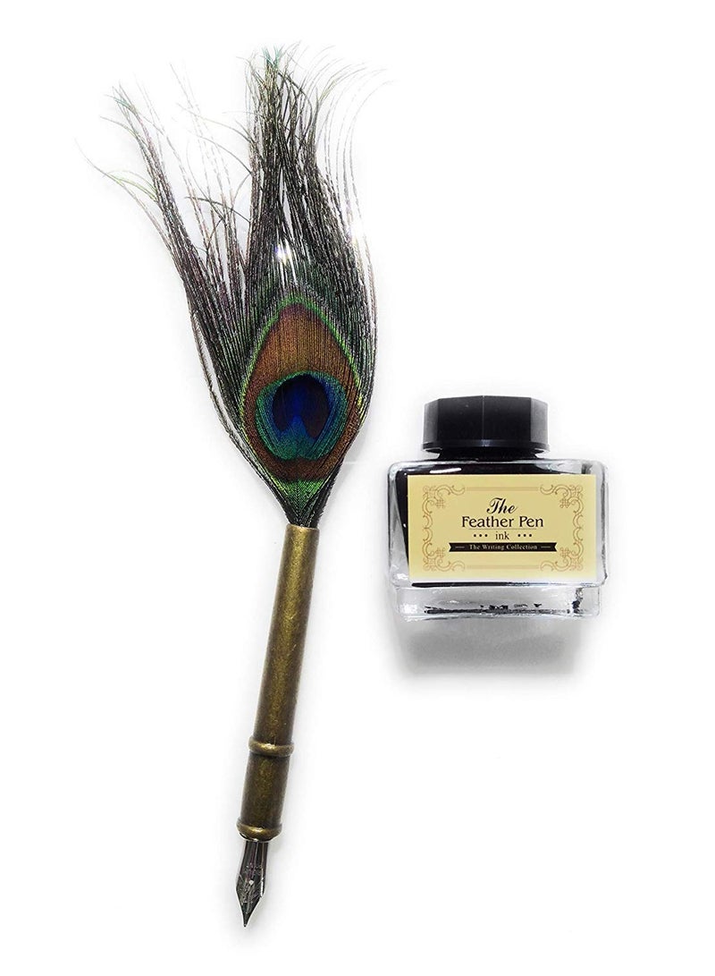 deziine deziine®Peacock Feather Quill Dip Pen Writing Ink Set Stationery with Box Gift/Ink Bottle (BRASS)  - Image 2