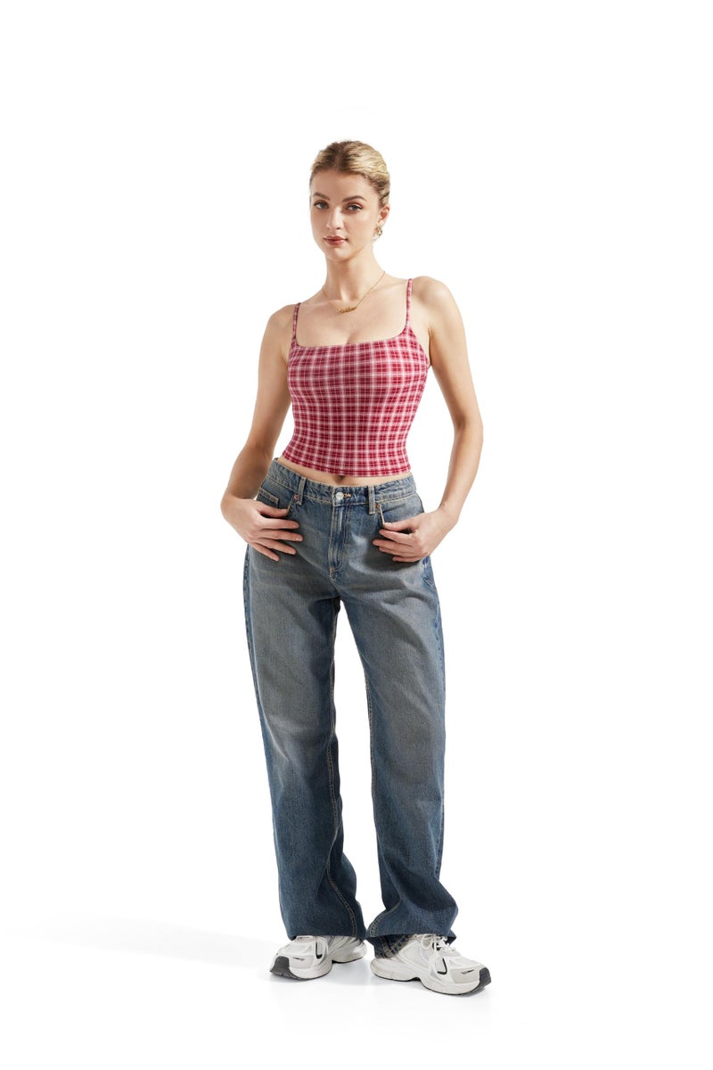 SUUKSESS Women Double Line Square Neck Tank Top Summer Going Out Tops Sleeveless Basic Cami Shirts (Red Plaid, XS) - Image 5