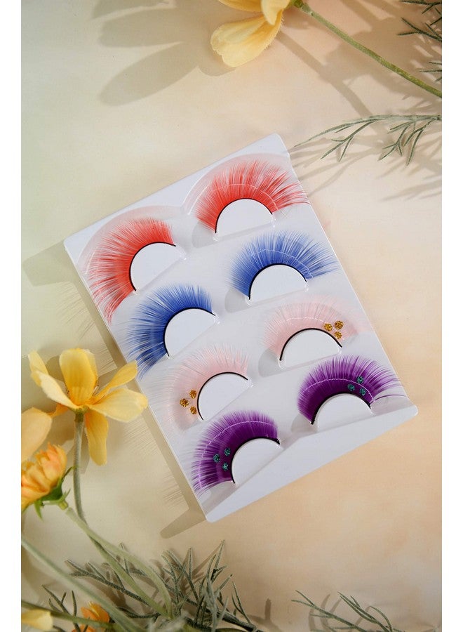 ezolistic Fake Colored Eyelashes (4 Pairs) Natural 3D Looking Reusable Eye Lashes Extension For Halloween Cruelty Free ( 4 Red Blue Purple With Three Green Dot Style And Pink With 3 Gold Dot) - Image 5