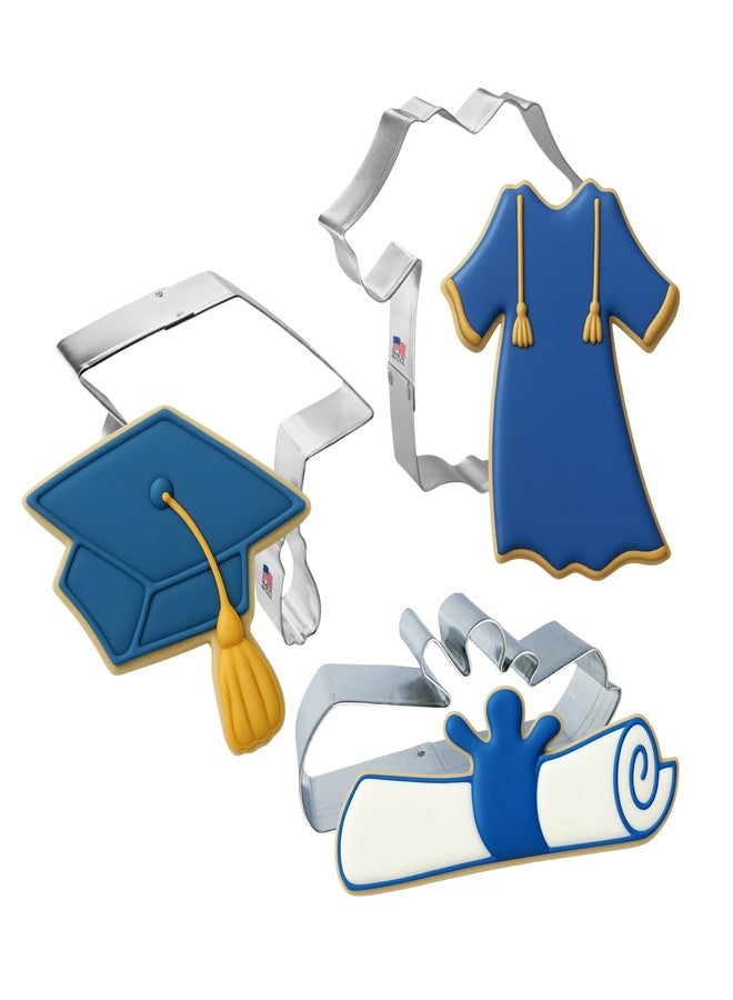 Foose Graduation Cookie Cutters 3-Pc. Set Made in the USA by CookieCutter.com, Graduation Cap, Diploma, Graduation Gown - Image 1