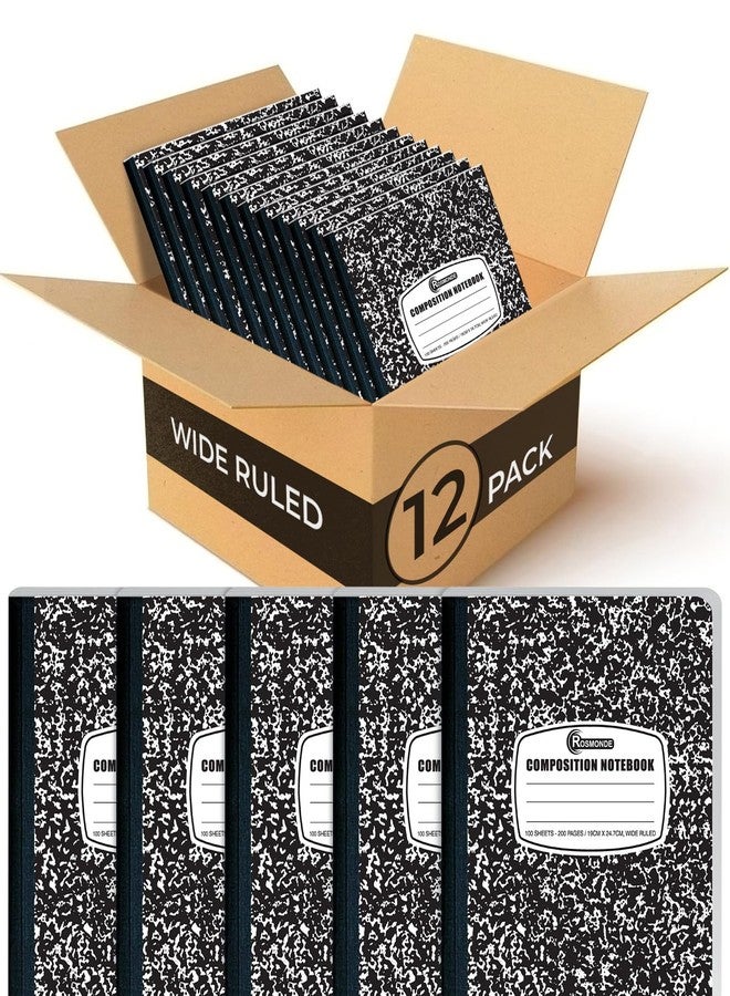 Rosmonde Wide Ruled Composition Notebooks, 12 Pack, 200 Pages (100 Sheets), 9-3/4 x 7-1/2", Black Marble Composition Notebook, Office Supplies Composition Book, Wide Ruled Notebooks for Work & School - Image 1