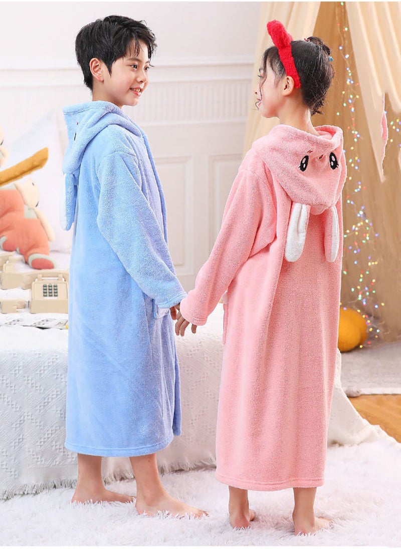 Girls Hooded Bathrobe Soft Coral Fleece Robe Fashionable Kids Pajamas Pink