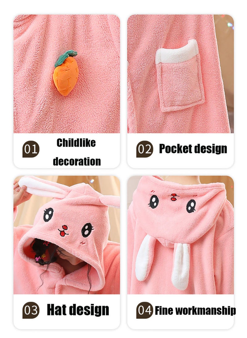 Girls Hooded Bathrobe Soft Coral Fleece Robe Fashionable Kids Pajamas Pink