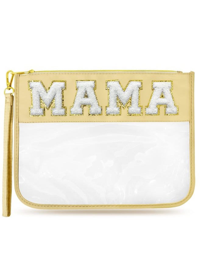 LSxia Chenille Letter Clear Travel Zipper Pouch Nylon Makeup Bag, Preppy Makeup Bag Clear Cosmetic Toiletry Bag, Water-proof Makeup Travel Pouch Snack Bags for Women (Beige-MAMA)  - Image 1