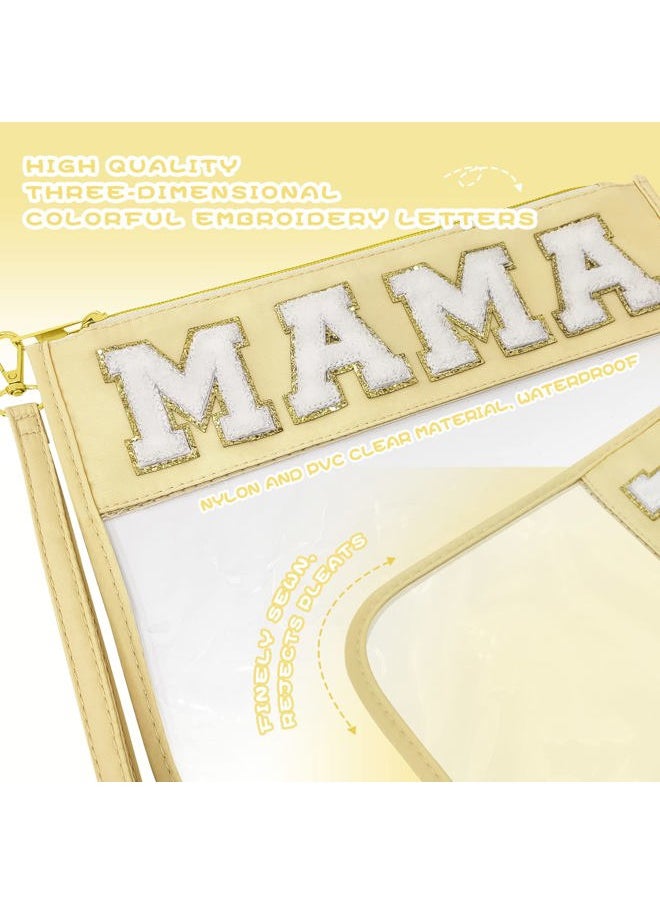 LSxia Chenille Letter Clear Travel Zipper Pouch Nylon Makeup Bag, Preppy Makeup Bag Clear Cosmetic Toiletry Bag, Water-proof Makeup Travel Pouch Snack Bags for Women (Beige-MAMA)  - Image 3