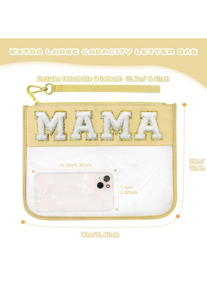 LSxia Chenille Letter Clear Travel Zipper Pouch Nylon Makeup Bag, Preppy Makeup Bag Clear Cosmetic Toiletry Bag, Water-proof Makeup Travel Pouch Snack Bags for Women (Beige-MAMA)  - Image 2