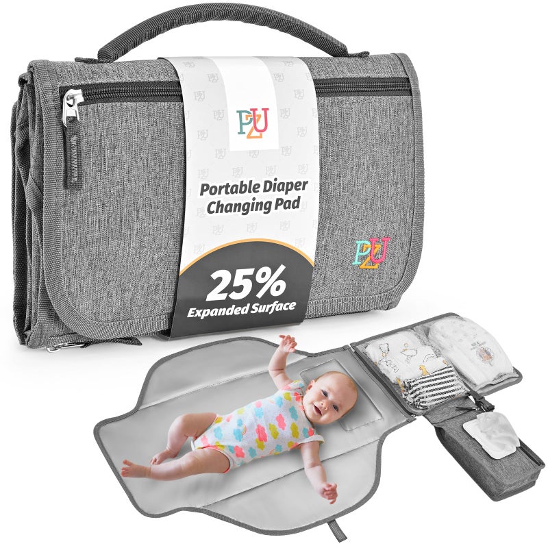 PZU Portable Diaper Changing Pad - Changing Pad Portable with Wipes Pocket, Waterproof Diaper Changing Mat, Portable Changing Pad for Baby, Newborn Giftï¼ˆGreyï¼‰ - Image 1