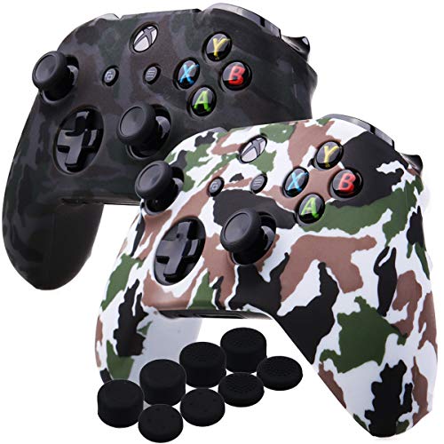 YoRHa Water Transfer Printing Camouflage Silicone Cover Skin Case for Microsoft Xbox One X & Xbox One S Controller x 2(Grey&White) with PRO Thumb Grips x 8 - Image 1