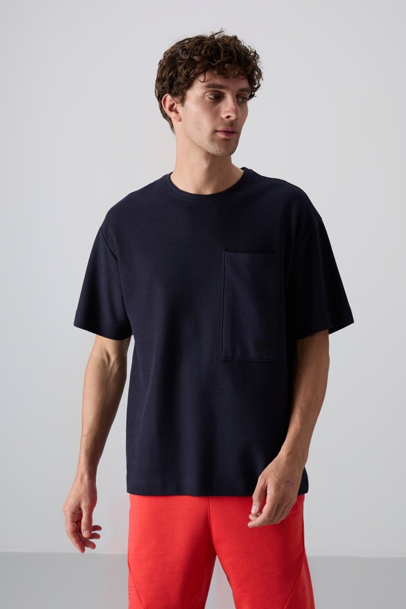 Tommy Life Navy Blue Cotton Thick Surface Textured Oversize Fit Basic Men's T-Shirt - 88341  - Image 1