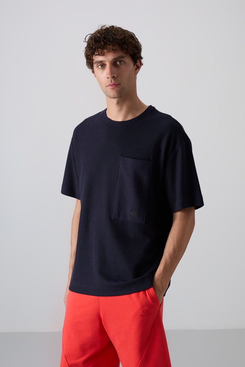 Tommy Life Navy Blue Cotton Thick Surface Textured Oversize Fit Basic Men's T-Shirt - 88341  - Image 4