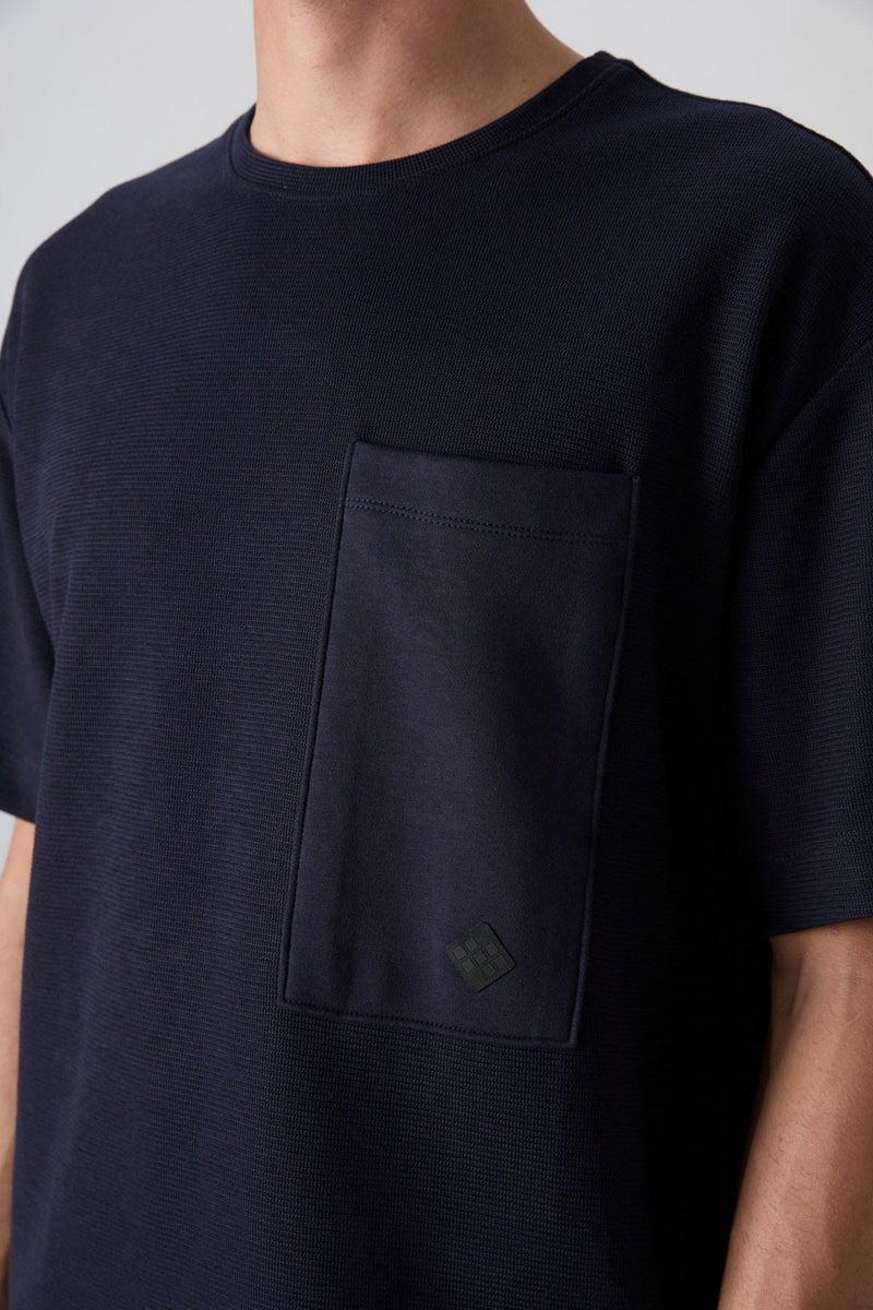 Tommy Life Navy Blue Cotton Thick Surface Textured Oversize Fit Basic Men's T-Shirt - 88341  - Image 2