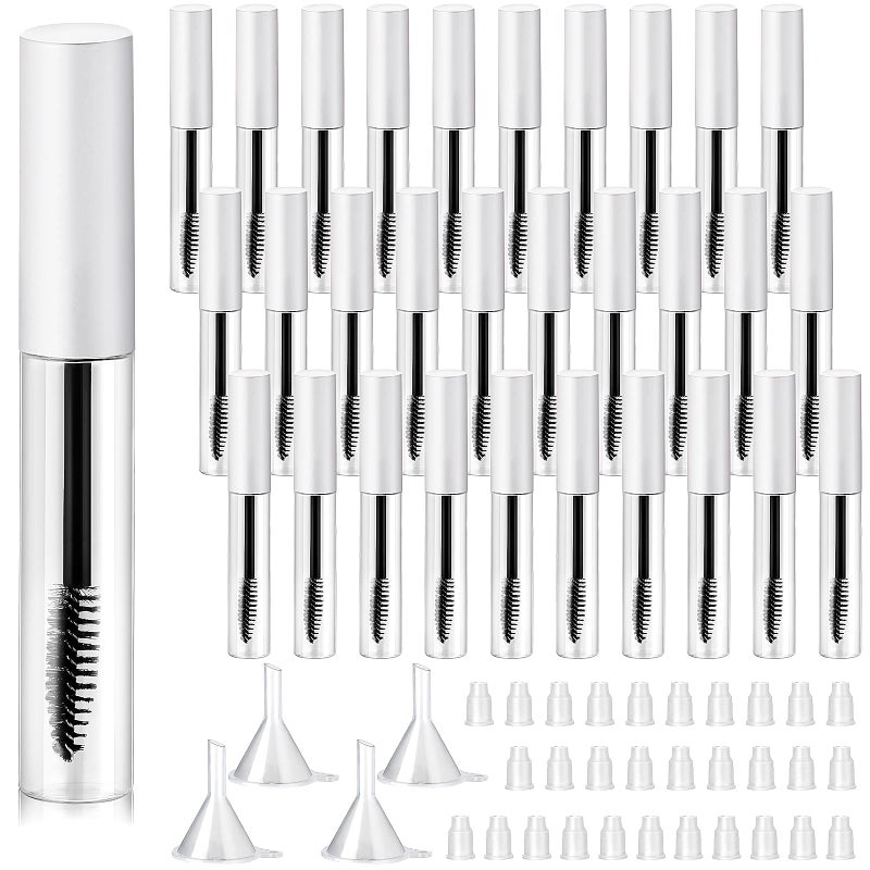 Maitys 30 Pieces 10 ml Empty Mascara Tubes Eyelash Wand Refillable Clear Bottles Cream Container with 4 Pieces Transparent Funnels Transferring Castor Oil for DIY Cosmetics (Matte White) - Image 1