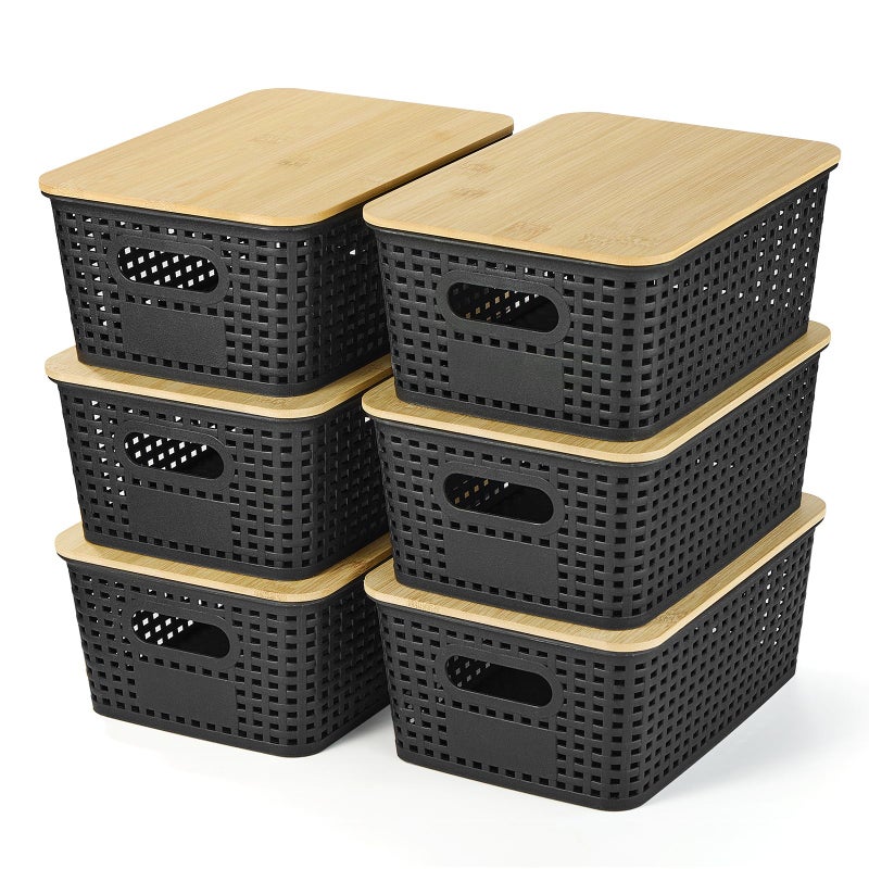 Ohmlove Plastic Storage Baskets With Bamboo Lid - Plastic Storage Containers Stackable Storage bins: Storage Baskets for Organizing Shelves Drawers Desktop Closet Playroom Classroom Office, 6 Pack - Image 1