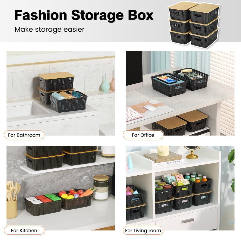 Ohmlove Plastic Storage Baskets With Bamboo Lid - Plastic Storage Containers Stackable Storage bins: Storage Baskets for Organizing Shelves Drawers Desktop Closet Playroom Classroom Office, 6 Pack - Image 4