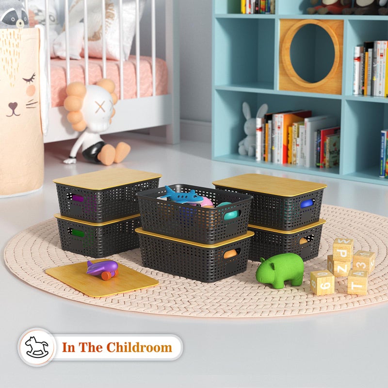 Ohmlove Plastic Storage Baskets With Bamboo Lid - Plastic Storage Containers Stackable Storage bins: Storage Baskets for Organizing Shelves Drawers Desktop Closet Playroom Classroom Office, 6 Pack - Image 5