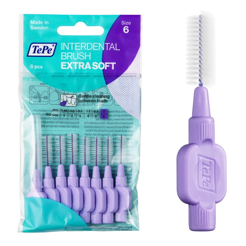 TePe Interdental Brush Extra Soft Supersoft Dental Brush for Teeth Cleaning Pack of 8 11 mm Large Gaps Purple Size 6