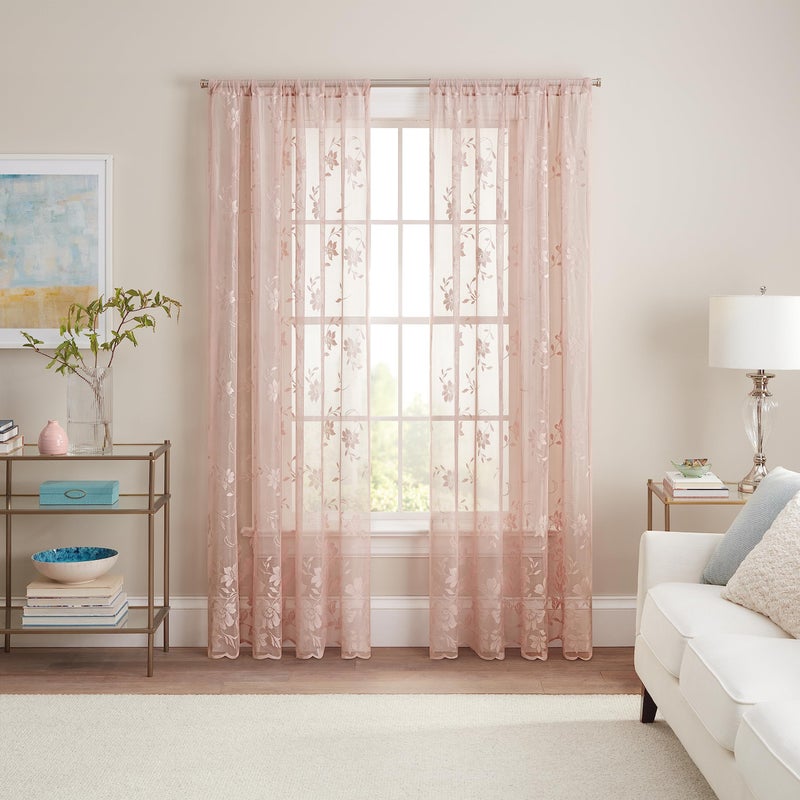 Waverly Sherry Lace Lightweight Elegant Floral Sheer Rod Pocket Cafe Window Curtain for Living Room (1 Panel), 54 in x 63 in, Blush - Image 1