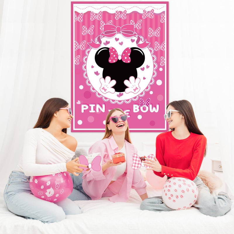 QISOLIY Pin The Bow Sticker on Mouse Party Game, Pink Girl Party Game Decorations, Pink Large Poster with 36Pcs Bow Stickers for Girls Birthday Favors - Image 2