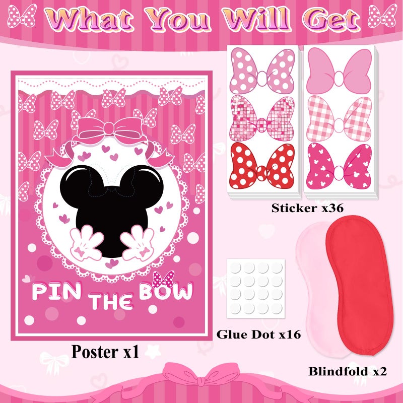 QISOLIY Pin The Bow Sticker on Mouse Party Game, Pink Girl Party Game Decorations, Pink Large Poster with 36Pcs Bow Stickers for Girls Birthday Favors - Image 3