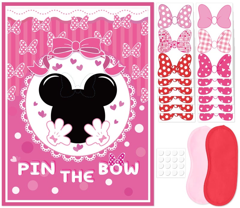 QISOLIY Pin The Bow Sticker on Mouse Party Game, Pink Girl Party Game Decorations, Pink Large Poster with 36Pcs Bow Stickers for Girls Birthday Favors - Image 1
