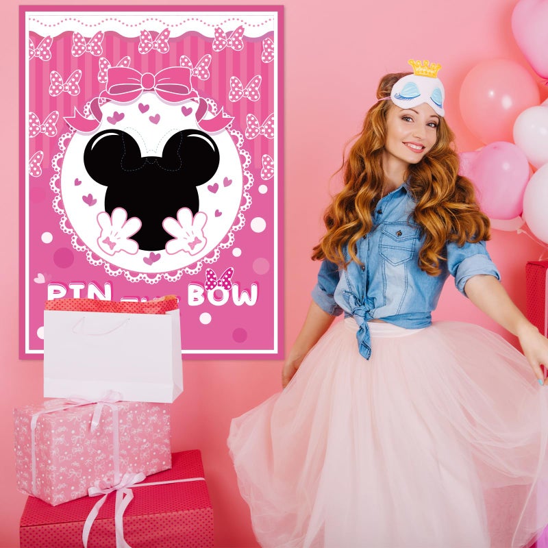 QISOLIY Pin The Bow Sticker on Mouse Party Game, Pink Girl Party Game Decorations, Pink Large Poster with 36Pcs Bow Stickers for Girls Birthday Favors - Image 4