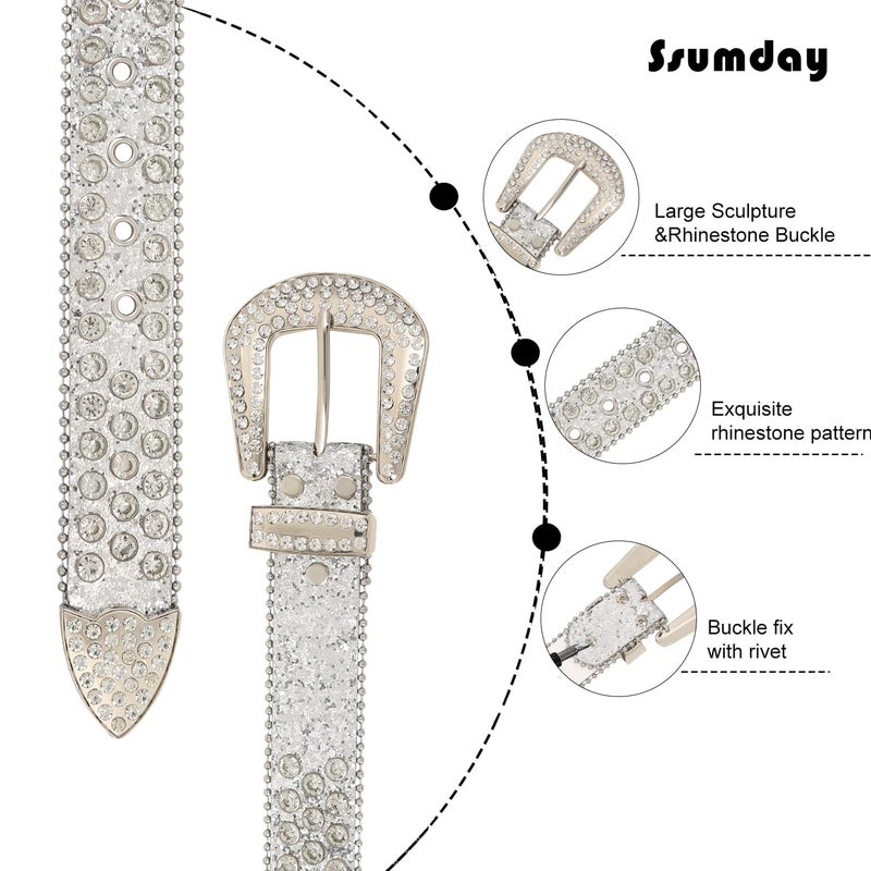 Ssumday Western Rhinestone Bling Studded Cowboy Cowgirl White Belts for Women Girl Men Female Ladies Jeans Pants Dresses Dress with Vintage Silver Buckle(MZSWH-M) - Image 2