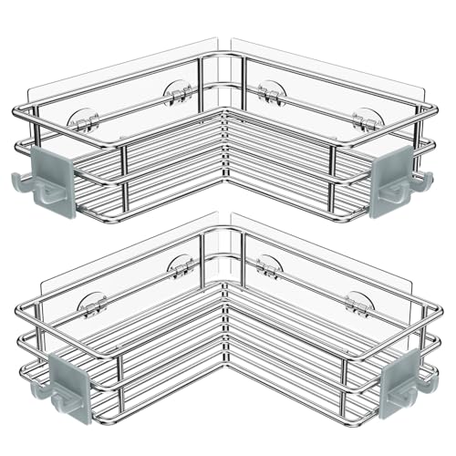 Nieifi Corner Shower Shelves Stainless Steel Adhesive Shower Caddy Basket Rack with Hooks Rust Proof for Bathroom Shelf Shampoo Holder Silver 2 Pack