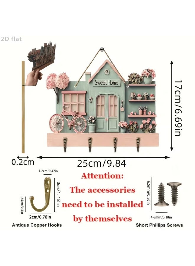 Goolsky 11.8-Inch Warm Pink Bicycle And Floral Wooden Multifunctional Key Holder (2.54 X 22.86 cm), Featuring Four Metal Hooks, Suitable for Wall Decoration, Porch Decor, Room Decor, Villa Decoration, Seasonal Home Decor, 2D Flat Design - Image 5