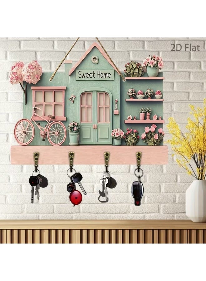 Goolsky 11.8-Inch Warm Pink Bicycle And Floral Wooden Multifunctional Key Holder (2.54 X 22.86 cm), Featuring Four Metal Hooks, Suitable for Wall Decoration, Porch Decor, Room Decor, Villa Decoration, Seasonal Home Decor, 2D Flat Design - Image 3