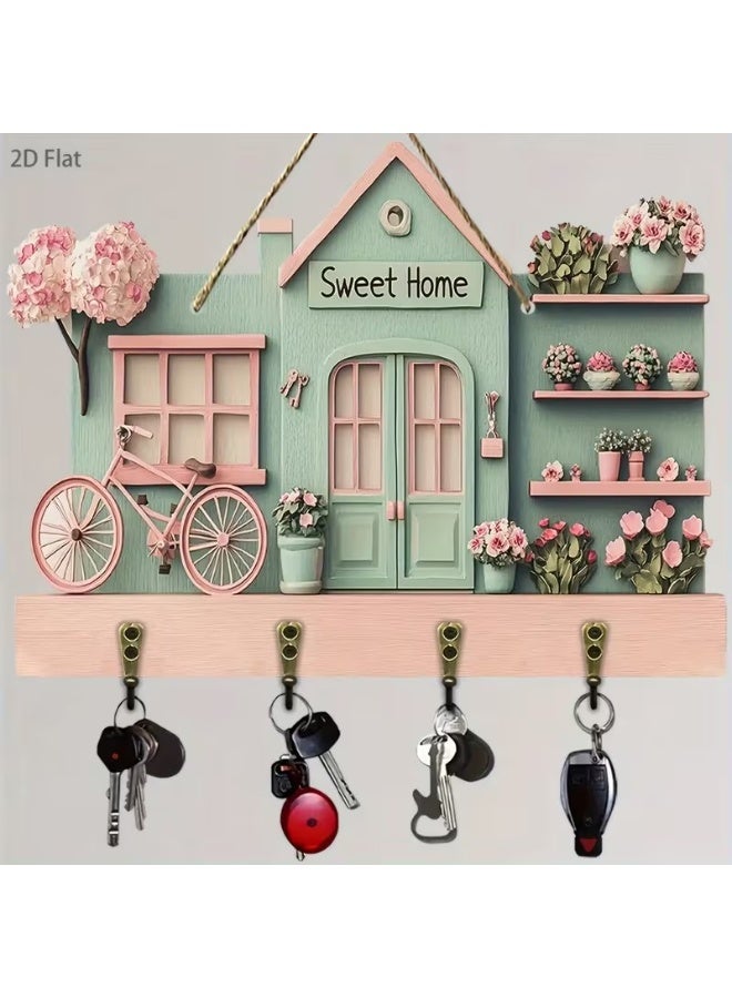 Goolsky 11.8-Inch Warm Pink Bicycle And Floral Wooden Multifunctional Key Holder (2.54 X 22.86 cm), Featuring Four Metal Hooks, Suitable for Wall Decoration, Porch Decor, Room Decor, Villa Decoration, Seasonal Home Decor, 2D Flat Design - Image 1