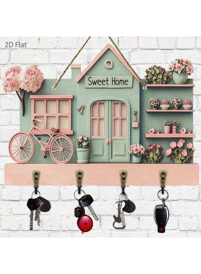 Goolsky 11.8-Inch Warm Pink Bicycle And Floral Wooden Multifunctional Key Holder (2.54 X 22.86 cm), Featuring Four Metal Hooks, Suitable for Wall Decoration, Porch Decor, Room Decor, Villa Decoration, Seasonal Home Decor, 2D Flat Design - Image 4