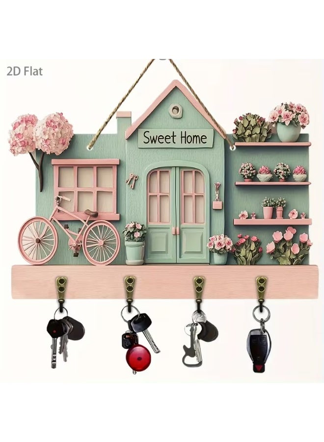 Goolsky 11.8-Inch Warm Pink Bicycle And Floral Wooden Multifunctional Key Holder (2.54 X 22.86 cm), Featuring Four Metal Hooks, Suitable for Wall Decoration, Porch Decor, Room Decor, Villa Decoration, Seasonal Home Decor, 2D Flat Design - Image 2