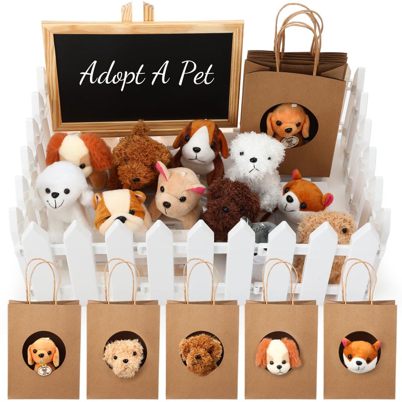 Arrowbash 36 Pcs Adopt a Puppy Favor Mini Plush Stuffed Animal Dog Set with 10 White Plastic Fence 12 Kraft Paper Gift Bags Wooden Chalkboard Sign for Pet Dog Birthday GiftClassic - Image 3